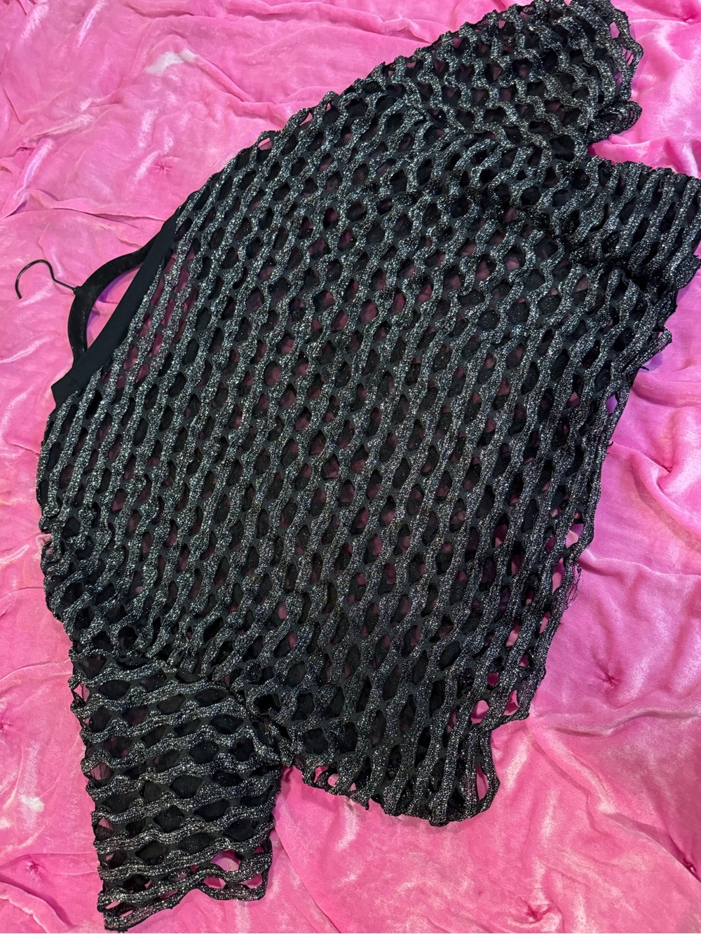 Black Open-Knit Crop Top with Metallic Threading